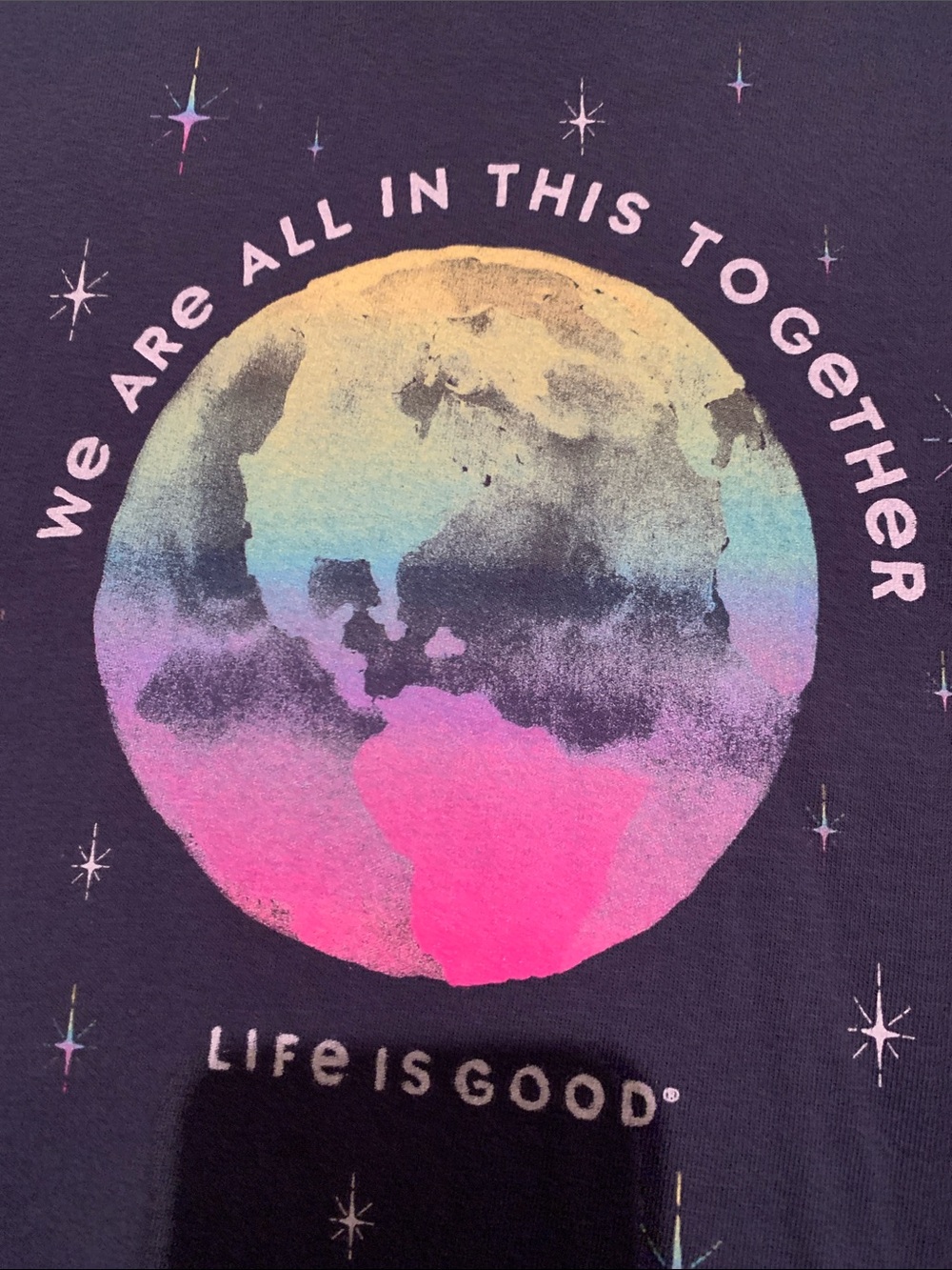 Life Is Good Navy V‑Neck Tee with Rainbow Globe